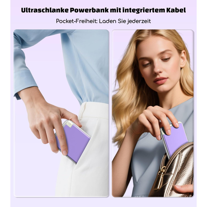 Power Bank Auskang 5000mAh Slim з кабелем для iPhone (сумісний з iPhone 14 та попередніми моделями) - фіолетовий+білий, 0.68 см
