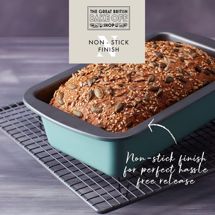 The Great British Bake Off Loaf Tin for Baking, 900g Capacity, for Bananas, White and Seeded Breads, Official GBBO Logo, Non-Stick Carbon Steel, Delicate Egg Blue, 23 x 13 x 7 cm