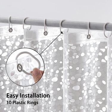 Штора для ванної кімнати MIULEE 180x180 см, антигрибкова, 3D каміння, водонепроникна, з магнітами та кільцями (1 шт., прозора)