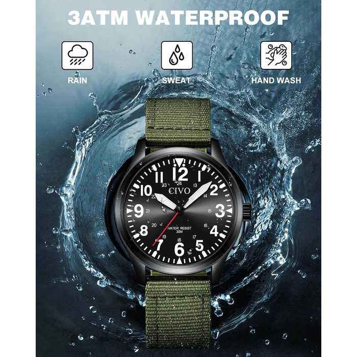 Годинник чоловічий CIVO водонепроникний з надійним ремінцем з нейлону, аналоговий кварц, великі цифри, світловідбиваючий, спортивний, для активного відпочинку, легкий у читанні, ідеальний подарунок (нейлон, B-2 зелений/чорний)