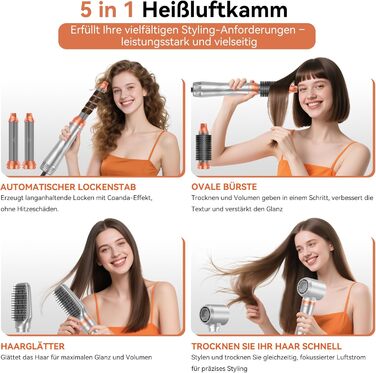 Фен-щітка Air Styler 5-в-1: стайлер, локони, об'єм, сушка, випрямлення. Потужність 800W, для жінок, помаранчевий колір