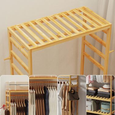 Bamboo Coat Rack, Clothes Rack with 3 Shelves and 10 Hooks, Laundry Rack with Clothes Rod, for Entryway, Living Room and Office, 80x43.5x165cm (Natural3)