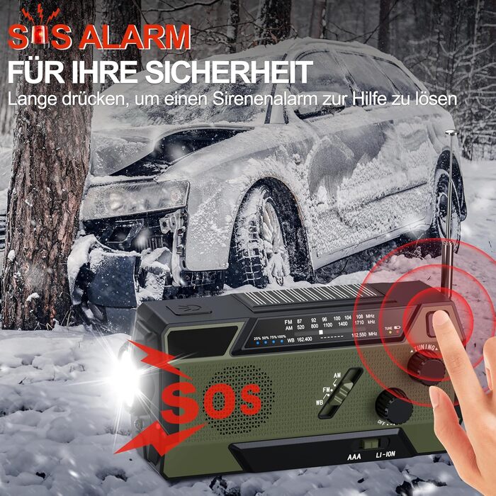 Радіо-кринка Notfall Weltempfänger 4000 mAh (14800 mWh) з 3 кабелями. Радіо для надзвичайних ситуацій з ручкою та сонячною панеллю, живлення від акумулятора, AM/FM/WB, SOS-сигнал, ліхтарик для надзвичайного спорядження Green