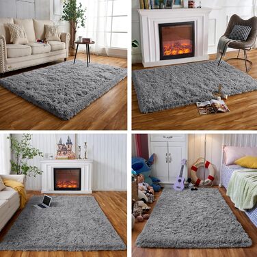 Пухнастий килим Hochflor, для вітальні, м'який, з антиковзаючою основою, можна прати, для спальні (сірий, 120x160 см)