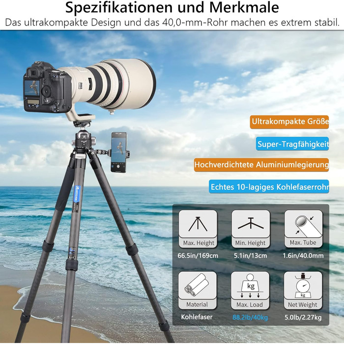 Штатив для камери Artcise з вуглецевого волокна, монопод 40 мм, професійний, для важкої техніки, подорожей, максимальне навантаження 40 кг (CS90C)