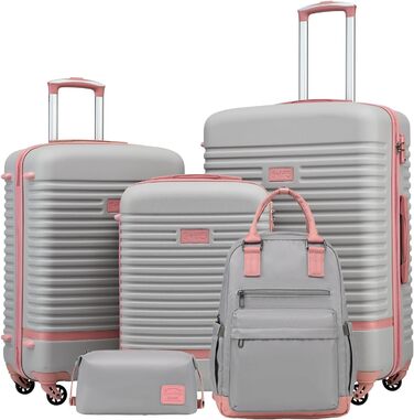 COOLIFE Luggage Suitcase Trolley Travel Suitcase with ABS Hard Shell, 4 Wheels, TSA Lock. The suitcase includes 1 Travel Backpack and 1 Toiletry Bag (White/Brown, Large 3-Piece Luggage Set) (5-Piece Luggage Set, Grey/Pink)