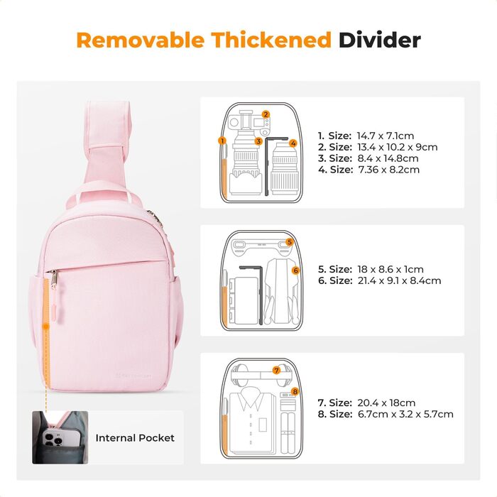 Сумка для камери K&F CONCEPT, слін-сумка на плече, фоторюкзак, компактний, водонепроникний, регульований ремінь, для DSLR/SLR камер, об'єктивів (5 літрів, рожевий)