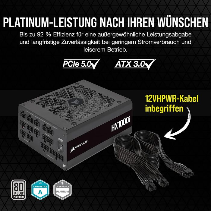 Блок живлення Corsair HX1000i 1000W ATX 3.1 PCIe 5.1, 80 Plus Platinum, повністю модульний, низький рівень шуму, iCUE, чорний