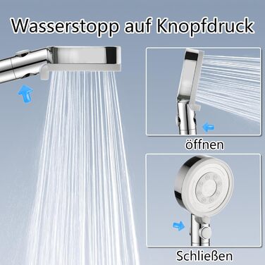 Fall Shower Head with Filter - High-Pressure Handheld Shower with 1.5M Hose, Shower Head with 5 Spray Patterns and Stop Function, Shower Head with Hose, Chrome (Chrome and White)