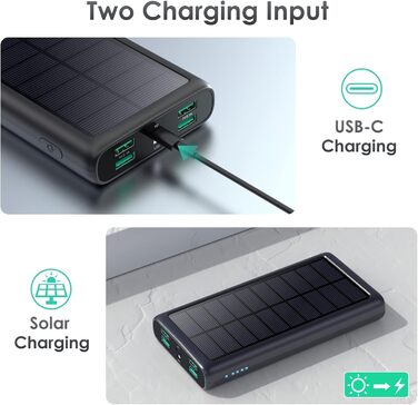 Портативний зарядний акумулятор Power Bank 26800mAh з сонячною панеллю, 15W PD3.0A USB-C, 5 виходів, LED-ліхтарик, для кемпінгу, сумісний з iPhone, Huawei та ін.