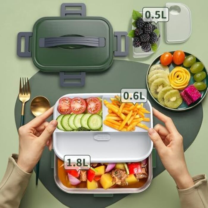 Electric Lunch Box 100W, 3-in-1 Portable Heated Lunch Box, Removable Stainless Steel Lunch Container, 12V/24V/220V Insulated Food Warmer for Car/Truck/Office, with Insulated Bag and Sponge (Green, 1.8 L)