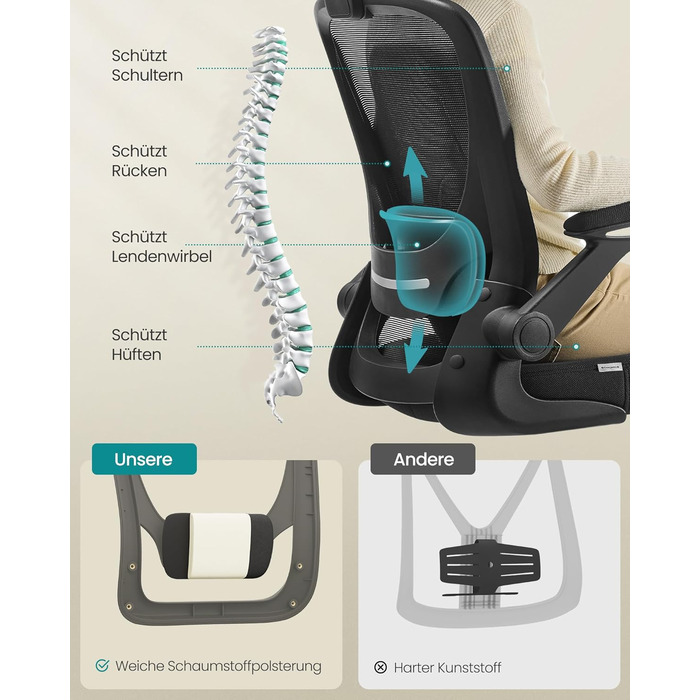 Офісне крісло SONGMICS з ергономічною спинкою з сітки, підтримкою попереку та підголівником, функцією гойдання, сидіння 53 см, відкидні підлокітники, для офісу та спальні, для студентів, чорне