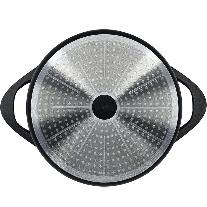 Набір посуду Induktion BRIEBЕ 12-ти частинний: 4 казани з алюмінію, 2 сковорідки з антипригарним покриттям ILAG GRANITEC (без PFOA), кришки зі скла, рукавички з силікону. Підходить для індукційних, газових плит та духовки.