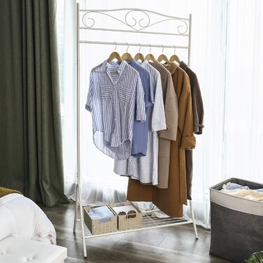 SONGMICS Vintage Style Clothes Rack Coat Stand with Clothes Rail and 2 Shelves Made of Metal 92 x 173 x 41 cm (W x H x D), Cream White, HSR07W (90 x 44.5 x 173 cm)
