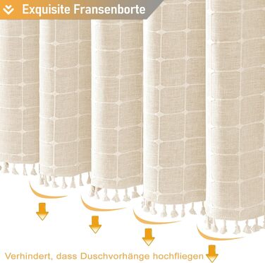 Шторка для душу BTTN 182x180 см, бохо-фермерський стиль, льонова тканина, з бахромою, водовідштовхувальна, з вантажами, комплект з 12 гачками, бежевий/кремовий, сітка