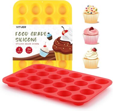Silicone Mini-Muffin Tin, non-stick coated, 24 cavities, ideal for making muffins, cakes, tarts, bread, BPA-free, dishwasher safe, Red + Yellow, 2 pieces
