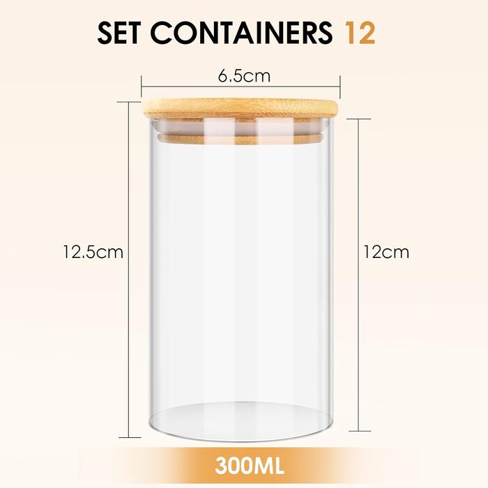 Набір скляних банок для спецій Cinnani 12 шт. з дерев'яними кришками (300 мл)