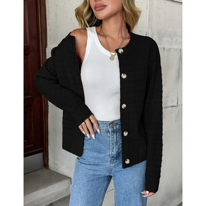 Жакет Zeagoo з довгими рукавами, кардиган з круглою горловиною, в'язана куртка з відкритим фронтом, елегантний в'язаний светр для жінок (XL, чорний)