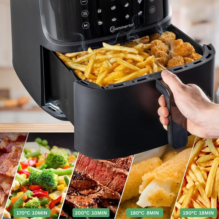 Фритюрниця повітряна Sommertal HF760-7,6L XXL з сенсорним екраном, 8 програм, 2000 Вт - енергозберігаюча та здорова, велика фритюрниця