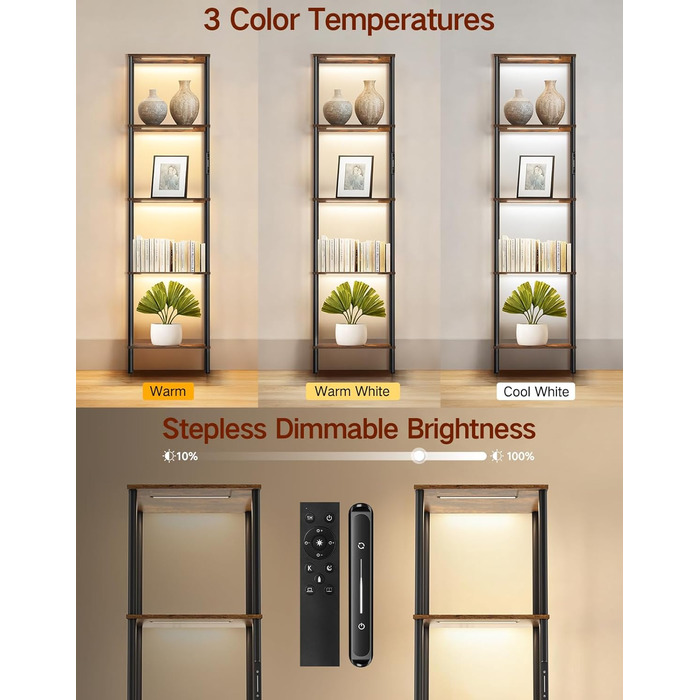 Стійка лампа з полицею, LED, регулювання яскравості, 3 колірні температури, сенсорне та дистанційне керування, полиця для книг, дерев'яна стійка, сучасний дизайн для вітальні, спальні, офісу (Rustic Brown)