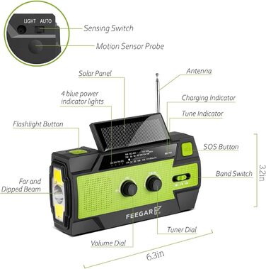 Радіо сонячне аварійне Feegar Oze 2 Pro з ручним заводом, AM/FM, ліхтарик LED, SOS, Powerbank 4000mAh