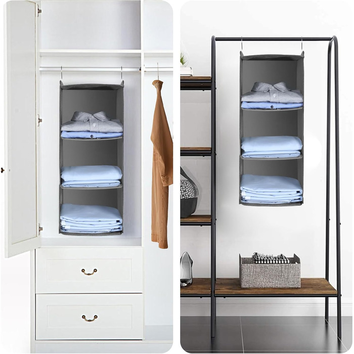 Органайзер для шафи AiQInu з 3 відділеннями, підвісний, бамбуковий, сірий (з гачками)