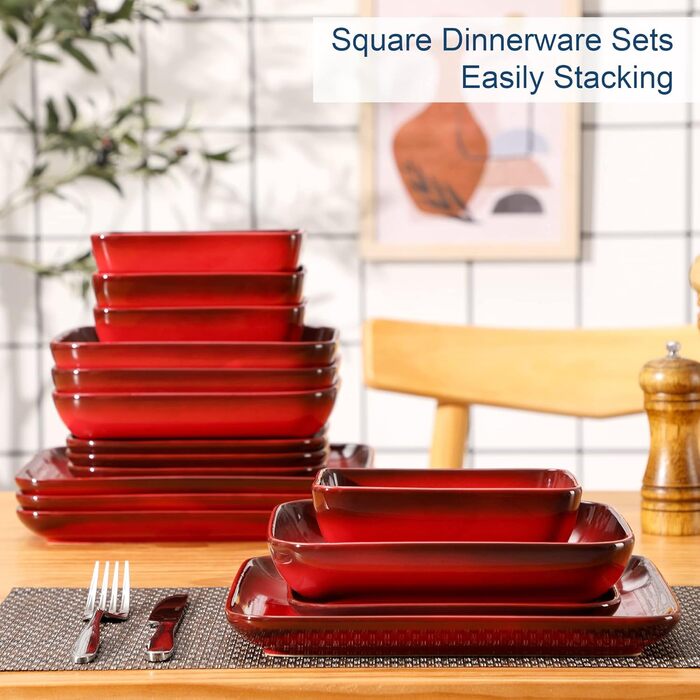 LOVECASA Сервіз Tafelservice Vibri, 16 частин, квадратний сервіз з кераміки для 4 осіб | Тарілки, чашки, десертні тарілки та миски, (Червоний, 16 частин)