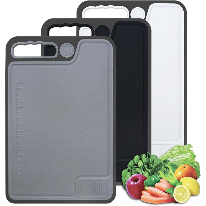 Cutting Board Set, Plastic Cutting Boards with Juice Grooves and Non-Slip Feet, Easy-Grip Handles, BPA-Free, Non-Porous, Kitchen Cutting Boards for Meat, Vegetables, Fruit, Seafood (3-Pack)