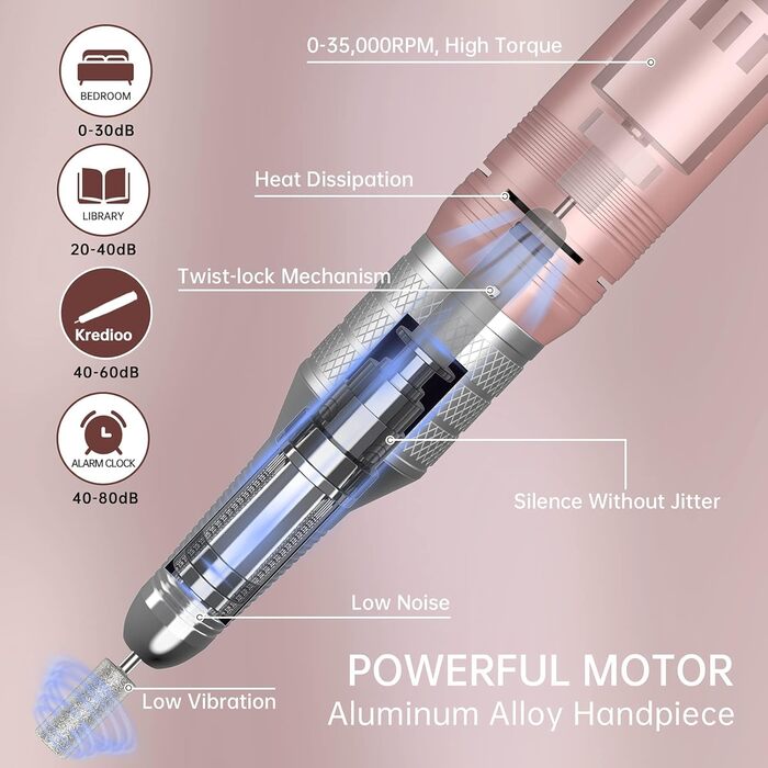 Електрична шліфувальна машинка для нігтів Kredioo з LED-дисплеєм, 35000 об/хв, для гелю та акрилу, 6 насадок, для професійного та домашнього використання, Champagner Gold