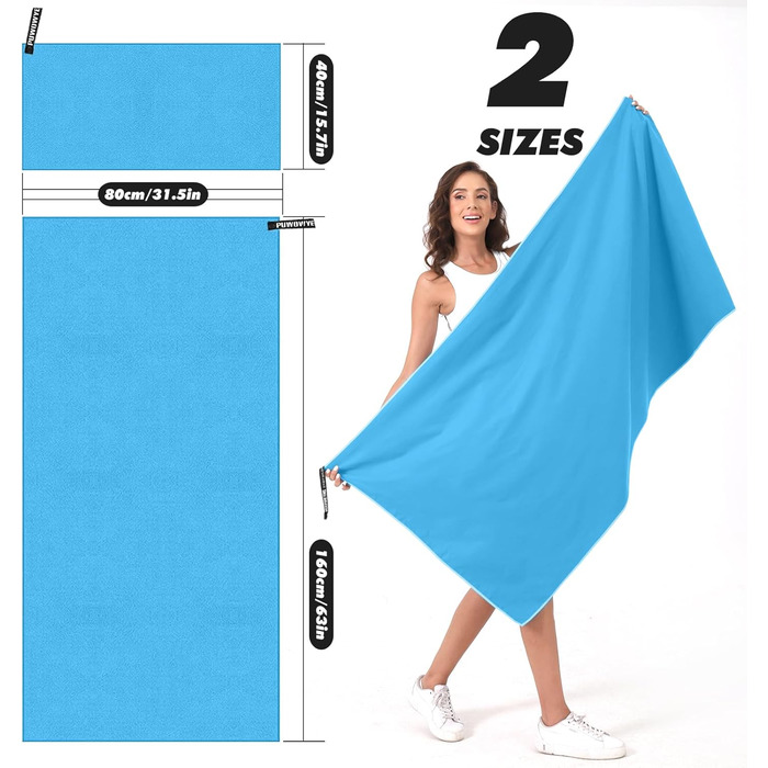 Набір рушників з мікрофібри PUWOWYE (2 шт.): великий (160x80 см) + маленький (80x40 см), швидковисихаючі, для спорту, фітнесу, сауни, пляжу, подорожей та відпочинку на природі (ясний блакитний)