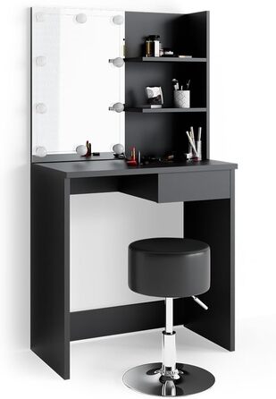 Vicco Vanity Table Decor, Black, 75 cm with LED Lighting and Stool