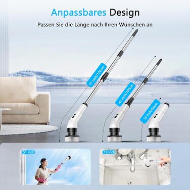 Електрична щітка для прибирання 9 в 1, 34-130 см, 2 режими, для ванної, кухні, плитки та авто, біла