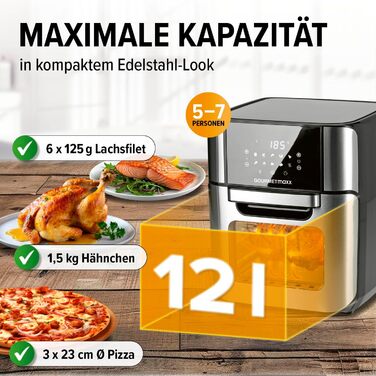 Gourmetmaxx Digital Hot Air Fryer 12 L, XXL Stainless Steel Oven | Air Fryer + Timer, Touch Display, Rotisserie | Low-Fat, Energy-Saving Frying | 10 Programs including Pizza | 1800 W