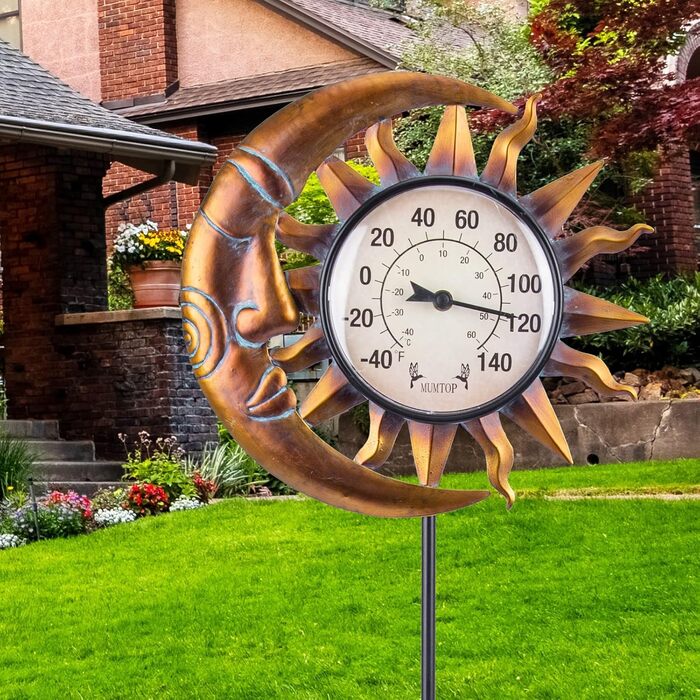 Outdoor Thermometer for Terrace - Wall Thermometer Indoor Outdoor Thermometer with Garden Stake for House and Garden Decor (Sun and Moon)