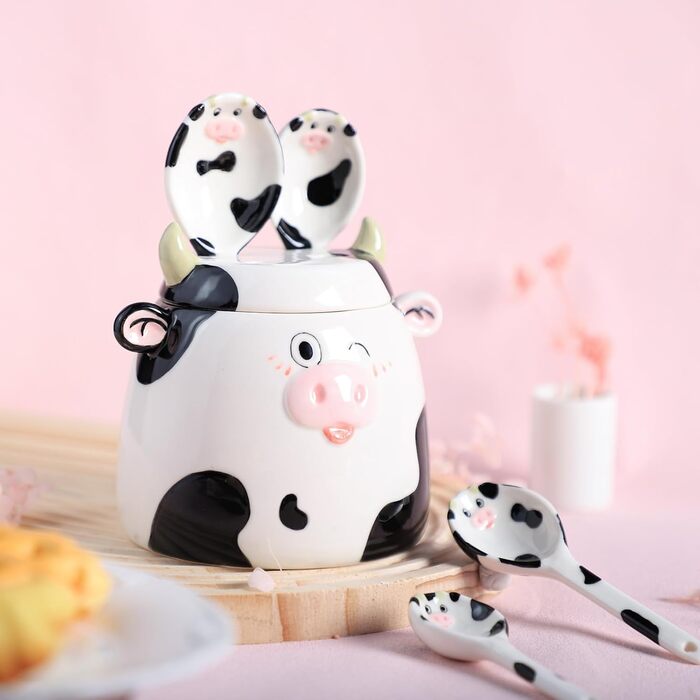 Ceramic Measuring Spoon Set with Cow Pattern, 4-Piece, for Dry or Liquid Ingredients, with Measuring Cup Set, Microwave Safe, Hand Wash Recommended