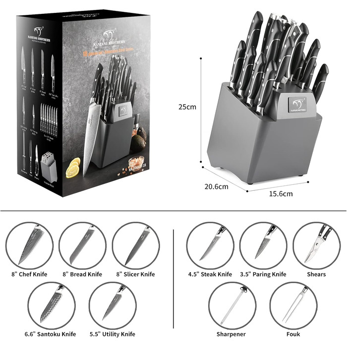 NANFANG BROTHERS 18-Piece Damascus Kitchen Knife Set with Hammered Handles & Wood Block - Premium Sharp Steel Blades