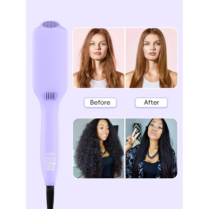 LANDOT Гладка щітка з кераміки: електрична щітка для випрямлення волосся з іонізатором та цифровим дисплеєм. Температура 120-230°C, час нагріву 30 секунд. Колір: фіолетовий