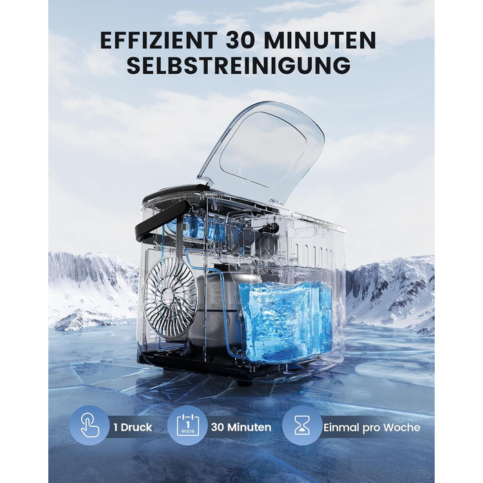 Льодогенератор EASYERA портативний, 12 кг/24 год, швидке виробництво льоду (6 хв), 2 розміри кубиків, самоочищення, для дому, офісу, бару, вечірок - чорний