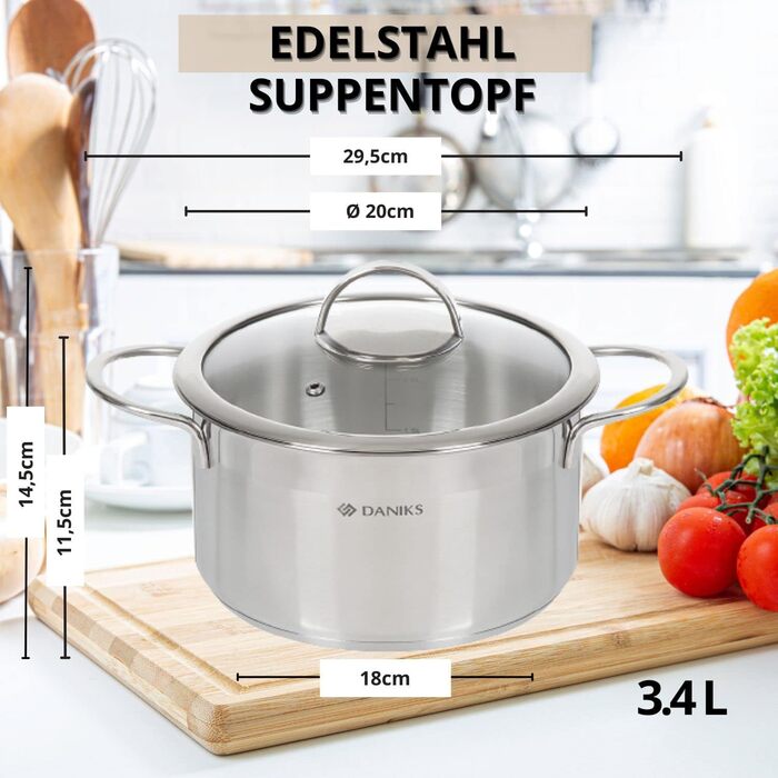 Каструля Daniks Bonn з нержавіючої сталі для індукції з кришкою, 20 см, 3.4 л, для пасти, супу, срібляста