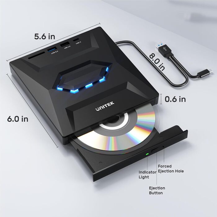 Зовнішній CD/DVD привід UNITEK USB-C/USB 3.0 з картридером SD та USB-хабом, портативний DVD-плеєр та записувач CD-ROM для ноутбука, ПК, Windows, Linux, macOS, чорний