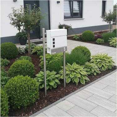 Поштова скринька Metzler Svena з нержавіючої сталі (RAL 9007) та іменним шильдиком, біла. З газетницею та вікном. Розмір: 37x37x10.5 см