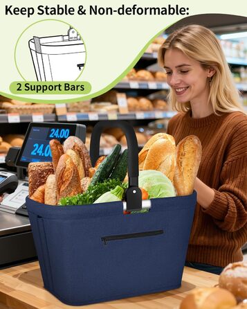 Складаний кошик для покупок 35L з 2 стійками, сімейний, з алюмінієвою ручкою, водовідштовхуючий, для пікніків, подорожей, кемпінгу, подарунок (Синій, 35L (48x28x26cm))