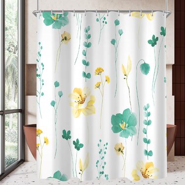 Штора для ванної кімнати 240x200 см, квіти, антигрибкова, водовідштовхувальна, поліестер, з кільцями для душу (М'ятний)