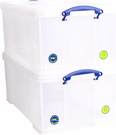 Really Useful Box 2-Pack, 64 Liter, for organizing and storage, 710 x 440 x 310 mm, transparent