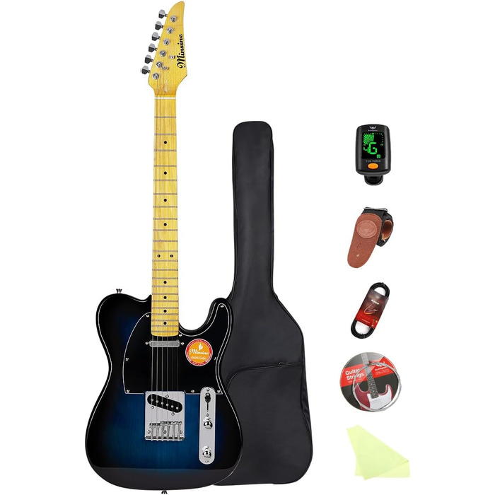 Електрогітара Bullstar для початківців TL Series, повний розмір, корпус з павловнії, гриф C-подібної форми, комплектація з аксесуарами, сумка MS110 (блакитна)