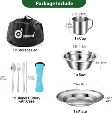 Набір посуду для кемпінгу Odoland: нержавіюча сталь, для 1 особи, з тарілкою та чашкою