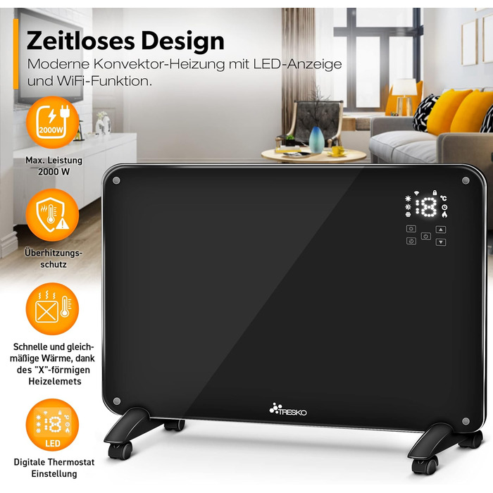 TRESKO Glass Convector Glass Heater 2000W APP WiFi | Electric Heater, electric including remote control | Convector Heater Radiator Touch & LCD Display | Electric Heater Stand-alone or Wall-Mounted Device Black