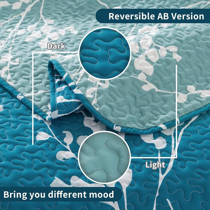 Набір постільної білизни Andency з квітковим принтом, King-Size (277x244 см), 3-частини (блакитно-зелена ковдра з принтом та 2 наволочки), літній, легкий, двосторонній, мікрофібра, блакитно-зелений, 