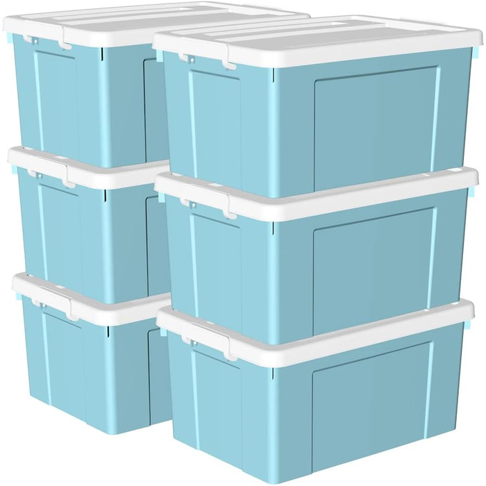 Cetomo 65 l x 6 Plastic Storage Box, Carry Case, Organiser with Robust Lid and Secure Locking Buckles, Stackable, 6 Pieces, Blue with Buckle