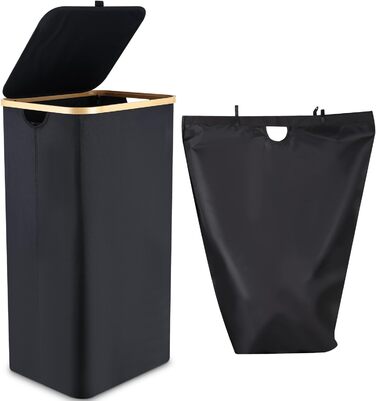 Laundry Basket with Lid 100L, Laundry Box with Bamboo Handles and Inner Pocket, Bamboo Laundry Collector, Large Capacity, Laundry Baskets, Foldable Laundry Baskets for Laundry Room, Bedroom, Bathroom (black)